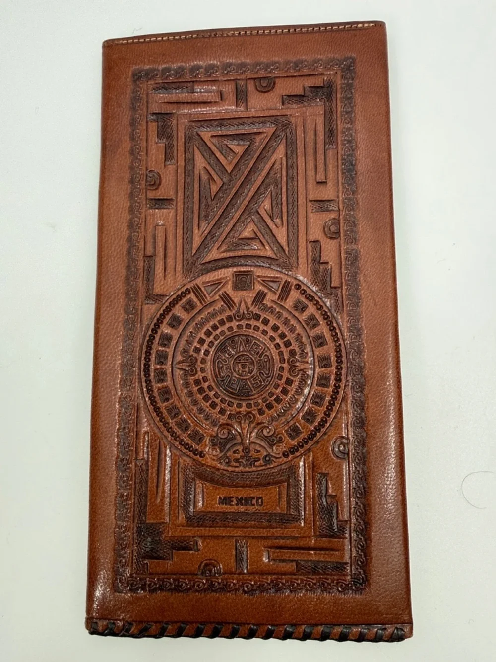 Wallet Vintage CASA ARVE Mexico Tooled Leather Wallet, Aztec Calendar Design